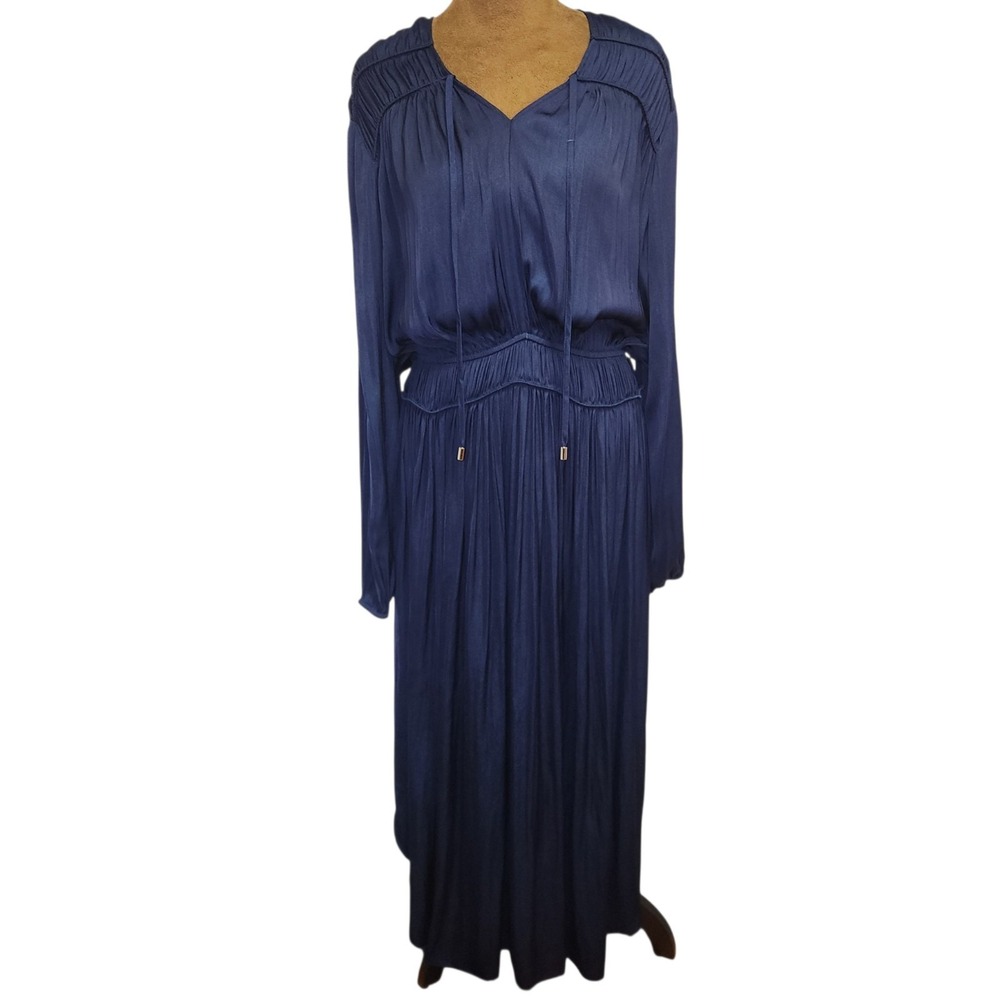 Joie Rheia Satin Long Sleeve Pleated Midi Dress L Navy Blue Lightweight Flowy